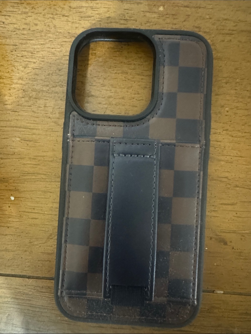 Checkered Brown Leather-Style Phone Case with Hand Strap
